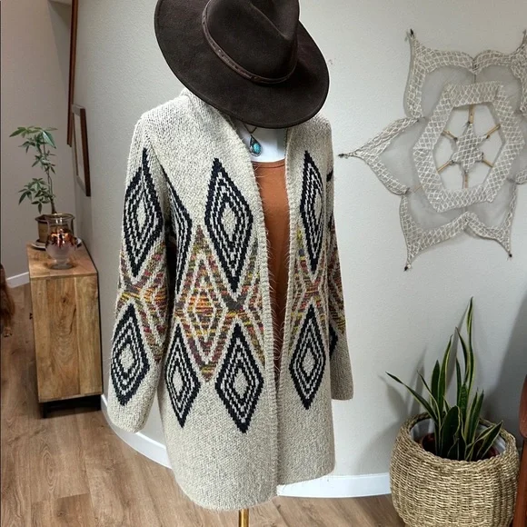 Woven Heart Aztec Print Southwest Boho Long Cardigan Hoodie - Picture 1 of 12